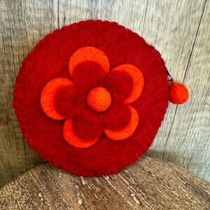 Felted Wool Red Flower Boho Coin Purse Wallet Purse Charm New FAST SHIP